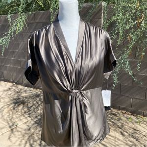 Anne Klein Silk Fitted Taupe Blouse/Top-Side Zip-Empire Waist Sz 6